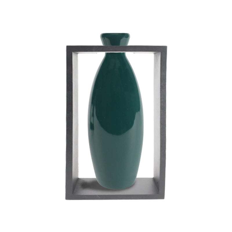 Wonderland Ceramic Flower Vase in a Frame Unique Quality for Home Decor, Center Table, Flowers Pot, Bedroom Side Corner, Living Room 12x6x25 CM Green