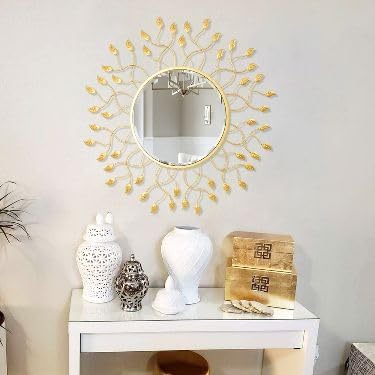 Crafts Valley Rustic Metal Framed Wall Mirror, 24 Inch Diameter, Gold Leaf Design, Decorative Home Accent Mirror