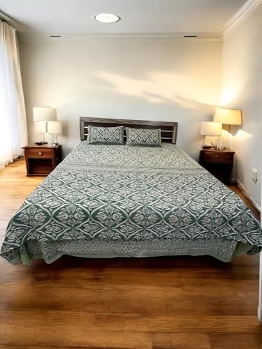 Printed Cotton Double Bed Dohar, Green and White Pattern