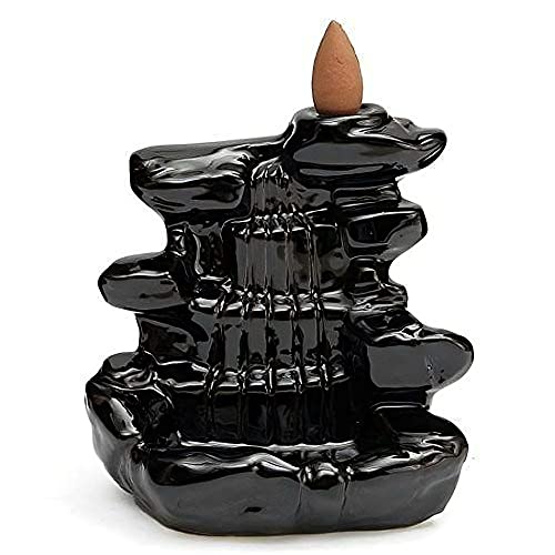 Shri Shyama Dropping Smoke Backflow Cone Fountain Design Decorative Polyresin Incense Holder with 10 Back Flow Incense Cone (10 x 7 x 10 cm, Black)