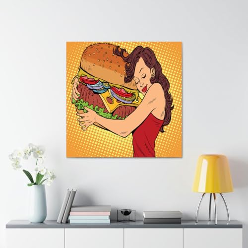 GADGETS WRAP Canvas Gallery Wrap Framed for Home Office Studio Living Room Decoration (17x17inch) - Beautiful Young Woman Hugging Burger