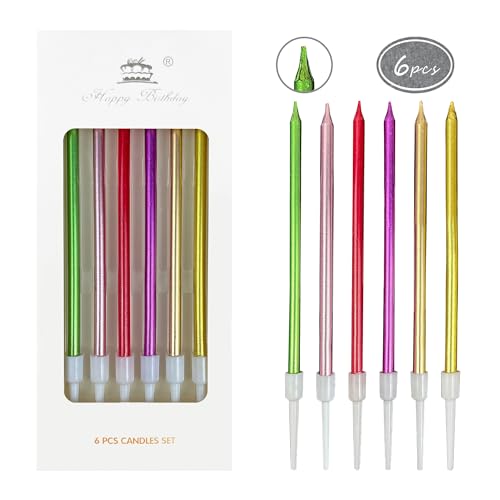 6Pcs Chromatic Colour Birthday Candle for Cake, 5.5 Inch Long Thin Cake Candles for Wedding Anniversary Decoration Happy Birthday Party Celebration