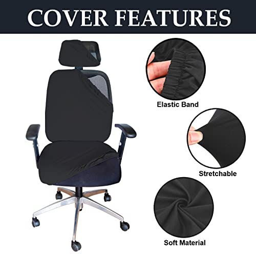 HOTKEI 3 Piece Black Office Chair Cover with Headrest Cover Stretchable Removable Stain Proof Office Computer Desk Executive Rotating Chair Seat Covers Slipcover Protector for Office Chair