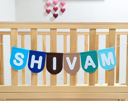 AGD Handmade Personalized Name Garland Bunting, Baby Toddler Teen Custom Birthday Gift, Cute Kids Room Decor (Beach - Blue Brown)