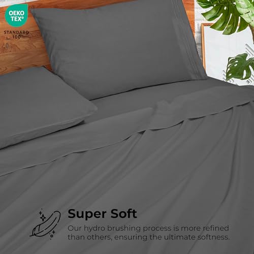 Royale Linens - 4 Piece Queen Bed Sheet - Soft Brushed Microfiber 1800 Bedding Set - 1 Fitted Sheet, 1 Flat Sheet, 2 Pillow case - Wrinkle & Fade Resistant Luxury Queen Size Sheet Set (Queen, Grey)