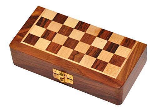 PALM ROYAL HANDICRAFTS Wooden Handmade Foldable Magnetic Chess Board Set with Magnetic Pieces and Extra Queens for Kids and Adults (7.5x7.5 Inches, Brown) Small