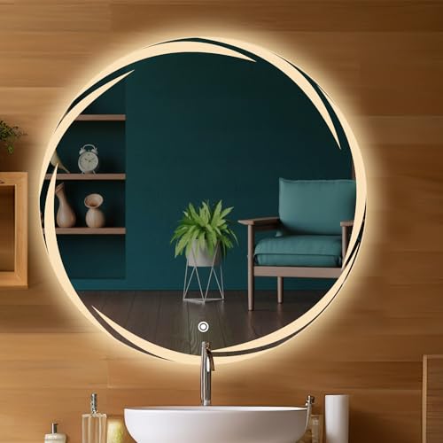 Sunsyze Round Bathroom Mirror with Light | LED Mirror with Imported Touch Sensor + Dimmer + White, Natural & Warm Light | 24x24 (Unframed, Round, Wall)