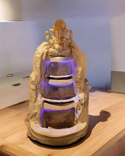 SEPBORN 3 Step Ganesha Water Fountain, Resin, Decoration Gifting Item with LED Lights Water Pump