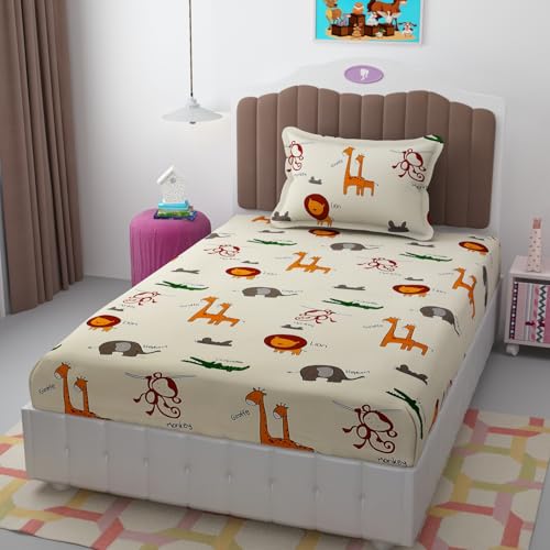 Impression Hut 200 TC 100% Polycotton Cartoon Printed Supersoft Bedsheet for Kids Room Fitted Single Bedsheet with 1 Pillow Covers Soft/Breathable Wrinkel Free -48X72 Inches -Cream-Kids