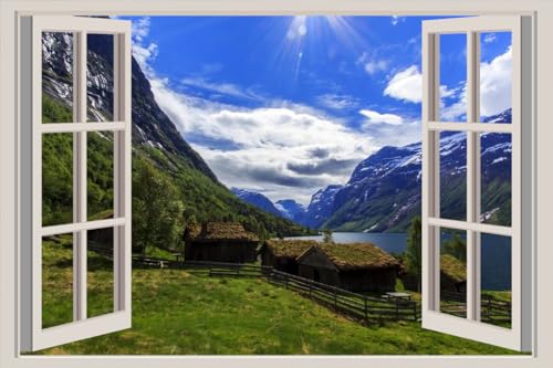 JVERF - JZZA25968 Norway Scenery Mountains| Self-Adhesive Open Window Wall Sticker