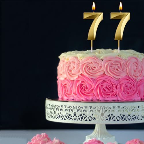 AOOLADA 77th Birthday Candles, Gold 77 Year Old Number Birthday Candles, Happy Birthday Party Decorations Cake Topper Gifts for Men Women