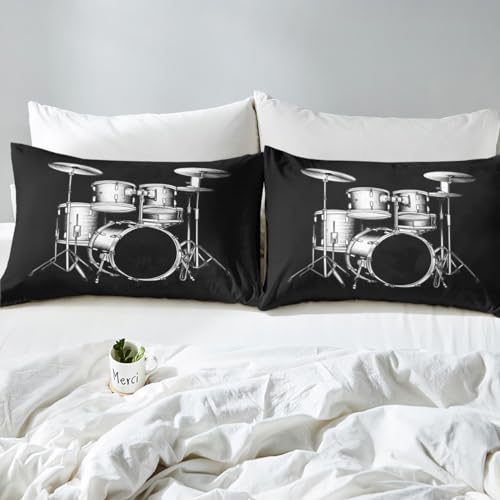 Drum Kit Fitted Sheet Drum Bed Sheet Set for Boys Girls Children Rock Music Themed Bedding Set Rock Music Themed Bed Cover Black White Instruments Print Room Decor Bedding Sheet Full Size 4Pcs