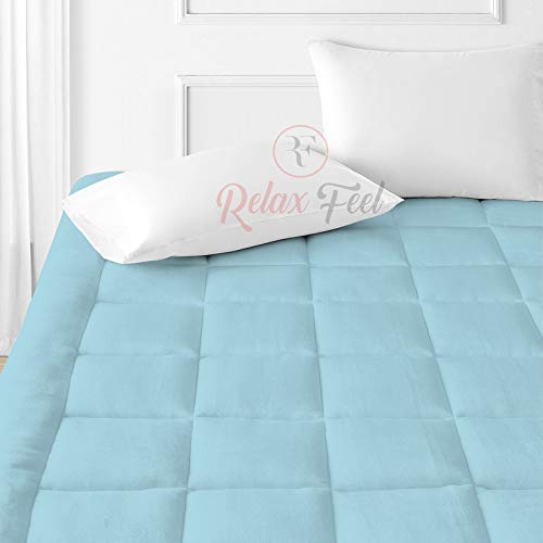 Relaxfeel 600 Gsm Microfiber 5 Star Cotton Single Bed Soft Waterproof Quilted Mattress Topper/Padding for Comfortable Sleep - Sky Blue - Twin Size - 48 Inche X 75 Inche