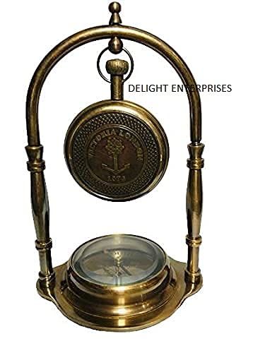 Delight Enterprises Antique Brass Table Clock with Compass Desk Clock Office Decor