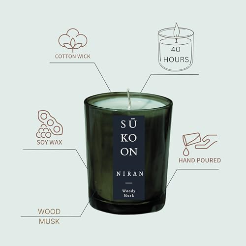 Sukoon Niran Woody Musk Scented Soy Wax Candle with Upto 40 Hr Burn Long Lasting Fragrance Candle Perfect for Home Décor (Pack of 1)