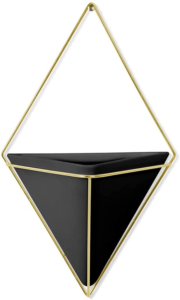 T J Hanging Planter Vase & Geometric Wall Décor Container, Black/Brass