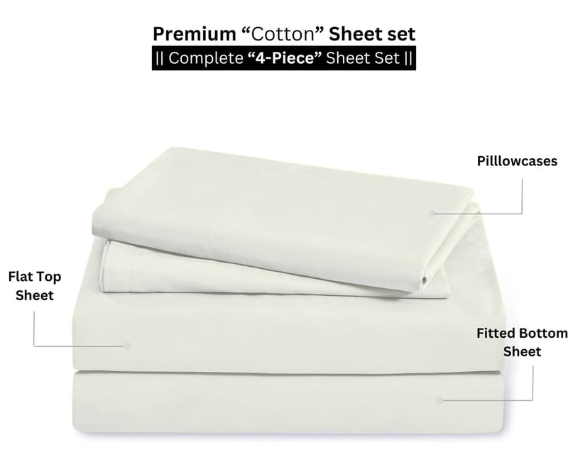 4 Piece Premium Sheet Set Cotton Short Queen, 100% Egyptian Cotton, 400 Thread Count, 15 Inch Deep Pocket of Cotton Sheets, Ivory Solid