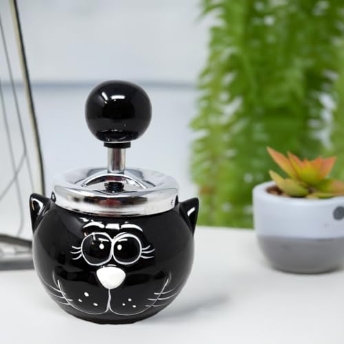 Cute Cat Ceramic Pushdown Ashtray - Black Feline Design with Chrome Lid - Smokers' Retro Novelty Ashtray