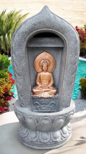 SEPBORN Buddha Water Fountain with Carved Stone Design, 38 cm Height with LED Lights Water Pump