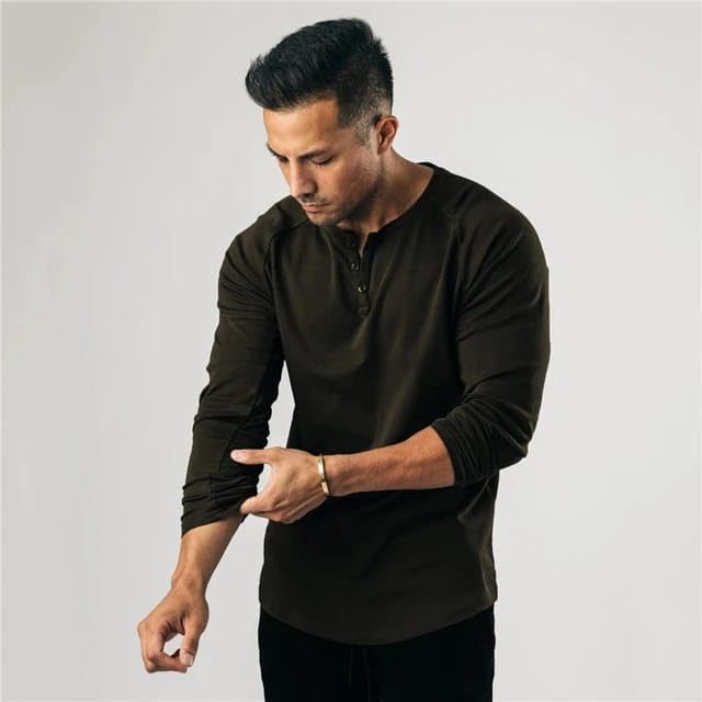 Men's Henley Full Sleeve T-Shirt (Medium, Black)