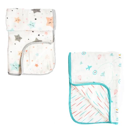 Yellow Doodle Twinkly Stars + Lil Travellers Reversible Muslin Blanket - Adorable Combo for Unisex Baby Ages 0-4 Years