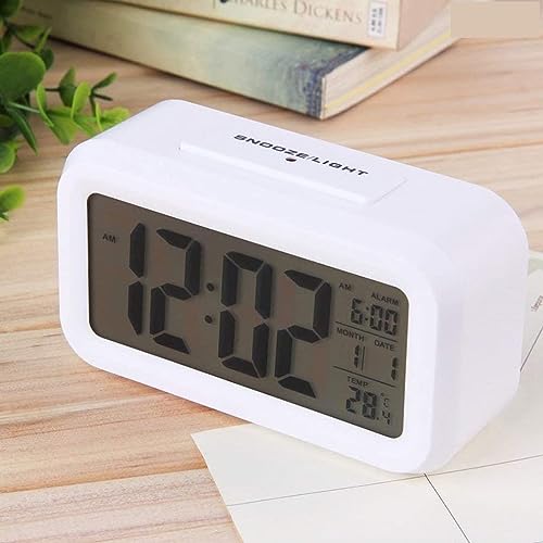 Kadio Digital Alarm Clock,Battery Operated Small Desk Clocks,with Date, Indoor Temperature,Smart Night Light,LCD Clock for Bedroom Home Office (White)