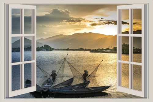 JVERF - JZZA29252 Sunrises and Sunsets Mountains Asian Boats Fishing| Self-Adhesive Open Window Wall Sticker