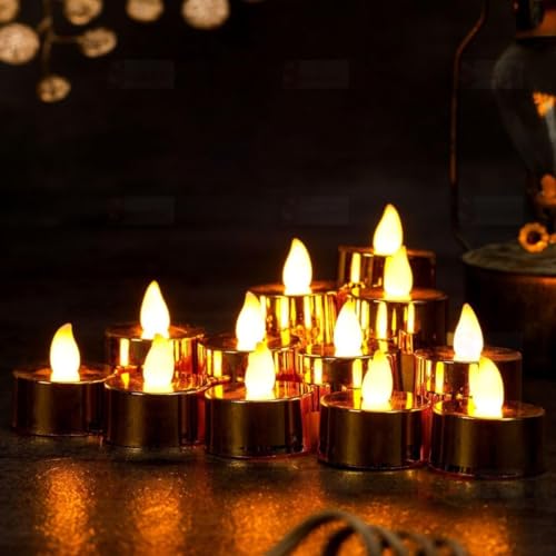 TAYLORED HOME Battery Powered Flickering Tealight Home Decor Flameless and Smokeless Decorative Acrylic Candles Led Tea Light House, Diwali, Christmas, Festival,... (Pack of 24, Golden)