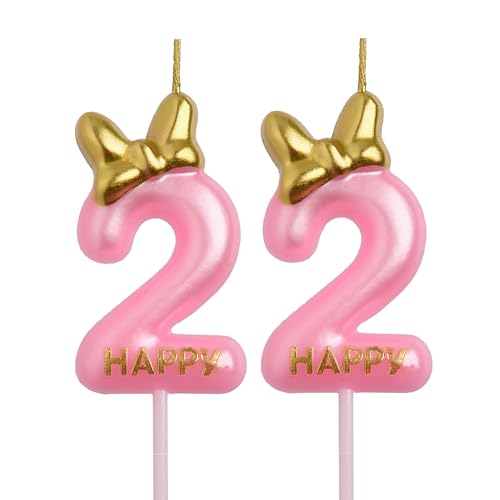 AOOLADA 22nd Birthday Candles, Pink 22 Year Old Number Birthday Candles, Happy Birthday Party Decorations Cake Topper Gifts for Men Women