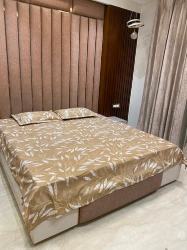 DHANSAMPATTI Fashion 140 GSM Caramel Leaf Soft Glace Cotton Double Bedsheet with Two Pillow Cover | Coffee Brown | 90 X 100 in