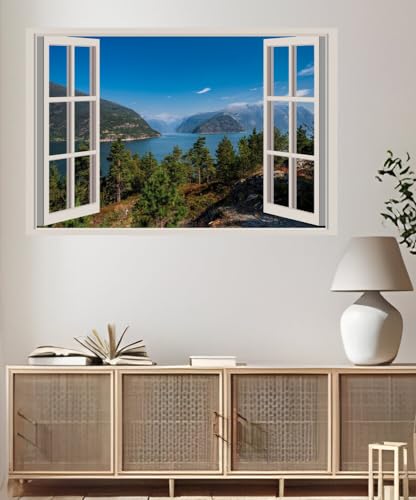 JVERF - JZZA25669 Norway Mountains Hardangerfjorden Trees| Self-Adhesive Open Window Wall Sticker