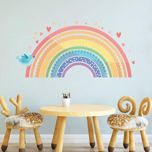 HEUREKA Colorful Rainbow Stickers Heart Stars Blue Birds Cartoon Peel and Stick Self Adhesive Wall Sticker (30 CM X 60 CM)