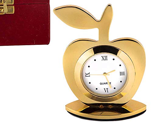 Lavanaya Silver Brand - Gold Plated Apple Shape Table Clock with Red Velvet Box (12X12X2 CM,Gold, Red) Clock for Table Stylish