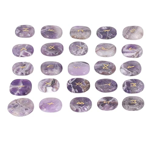 Stones Set, Natural Rune Stones Set Smoother Engraved Fine Polishing with Storage Bag for Gift (Amethyst)