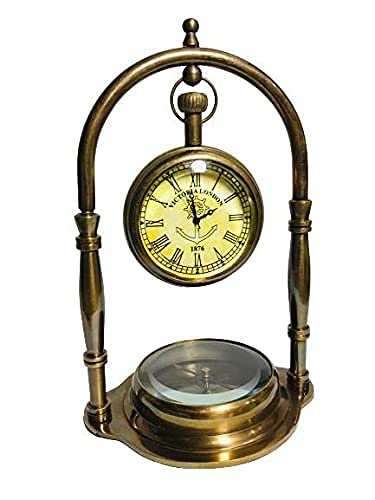 Delight Enterprises Antique Brass Table Clock with Compass Desk Clock Office Decor