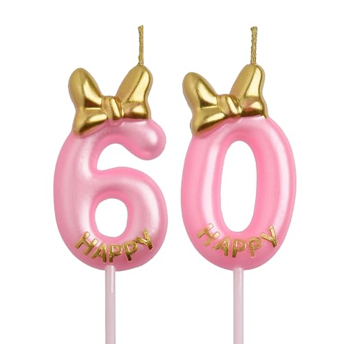 AOOLADA 60th Birthday Candles, Pink 60 Year Old Number Birthday Candles, Number 60 Candles for Men Women, Happy Birthday Party Decorations Cake Topper Gifts for Wedding Anniversary Celebration