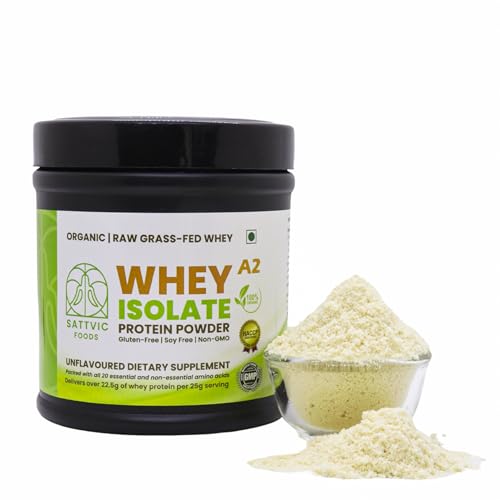 Sattvic Foods Certified Organic A2 Whey Protein Isolate (200 g) Unflavoured, Unadulterated | Performance Grade Grass-Fed, Non-GMO, 22.5g of protein per serving | Dietary Supplement For Muscle Recovery