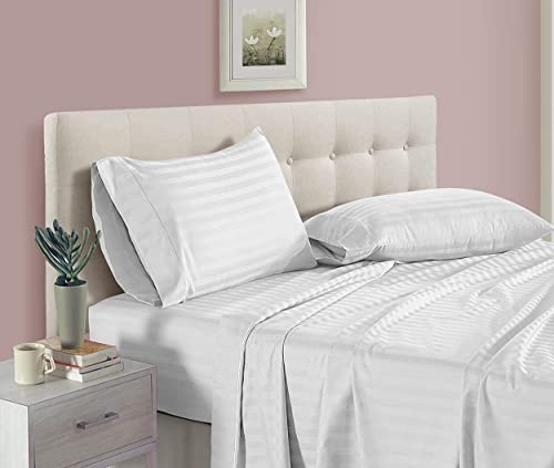 SATEEN BEDDING STORE 400 Thread Count Super Soft Elastic Fitted Bedsheet with 2 Pillow Cover- 100% Cotton 10" Deep Pocket of Fitted Sheet- All Around Elastic Fitted 3 PC Set-White Stripe,Single Size