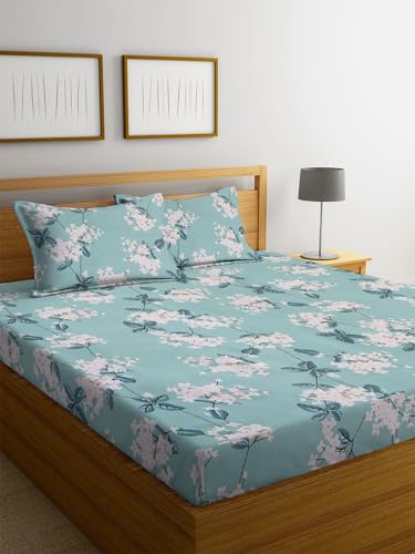 NHD HOME Premium Cotton Flat Double Bedsheets with 2 King Size Pillow Covers | Double Bed Breathable | Wrinklefree | Ultrasoft 220 TC Supersoft | 90x90 Floral, Pastle Green White