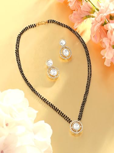 ZAVERI PEARLS Gold Tone Austrian Diamonds Embellished Round Shape Beaded Mangalsutra & Earring Set For Women-ZPFK17077