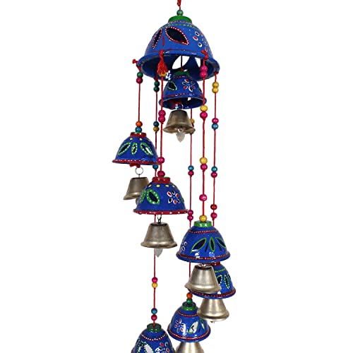 Urbane Home Rajasthani Design Handcrafted Hanging Windchimes|Latkan with 8 Bells for Home Décor & Positive Energy (Blue)