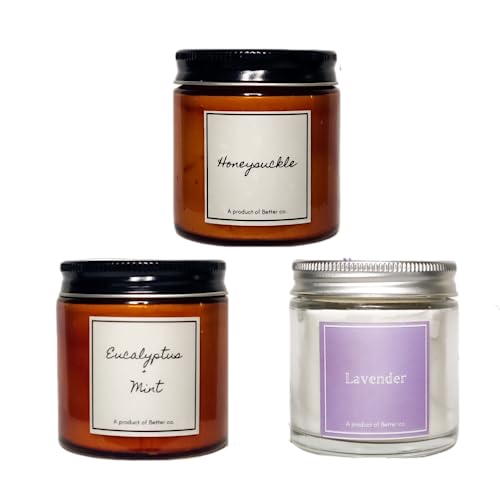 Better co Scented Soy Wax Amber Jar Candle Organic Luxury Aroma Burning Time Upto 20 Hours. Combo Pack of 3. Honeysuckle Lavender and Eucalyptus + Mint