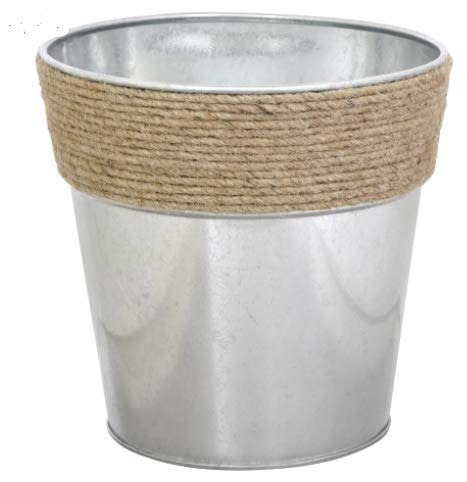 (2) Metal Bucket Vases Planter with Rope Jute Accent Rim, 5.5 in Rim x 5.5" Tall Aluminum organizing Live and Artificial Plants Décor - Steelpangal