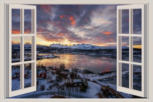 JVERF - JZZA25989 Norway Scenery Winter Sky Rivers Houses Bodo Snow| Self-Adhesive Open Window Wall Sticker