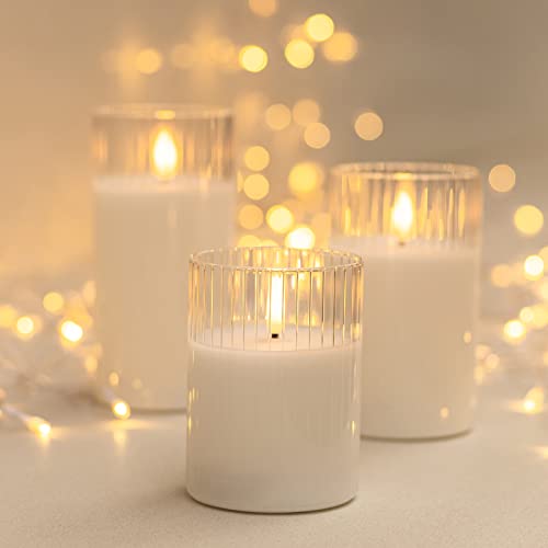 ANGELLOONG Clear Glass Flickering Flameless Candles Battery Operated with Remote Control, LED Pillar Candles with Timer, Romantic Candles for Bathroom Home Decor, Set of 3