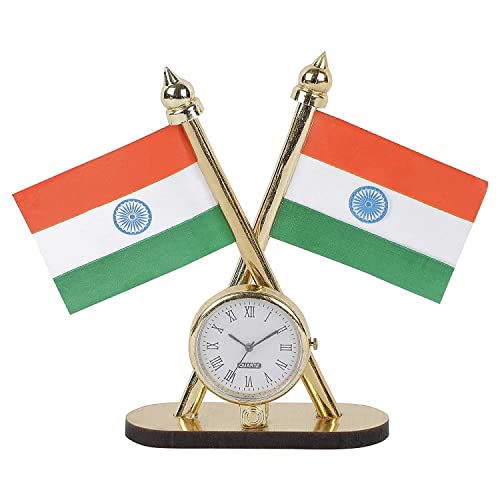 Samarth Deals Decorative Indian National Flag Stand with Clock for Car Dashboard/Home Table/Office Desk (Multicolour)