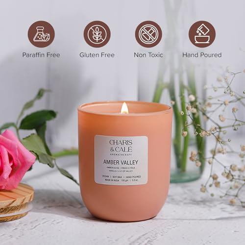 Charis & Cale Amber Valley Candle Jar - 150 Gm | Smokeless, Soot-Free & Non-Toxic Candles for Home Decor & Aromatherapy | Long Burning Time of 25+ Hours | Best for Gifting & Meditation