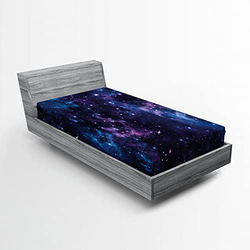 Ambesonne Space Fitted Sheet Set, Sky Star Clusters Cosmos Nebula Celestial Scenery Art, Bed Cover with All-Round Elastic Deep Pocket 2 Pcs, Twin Size, Dark Purple and Blue