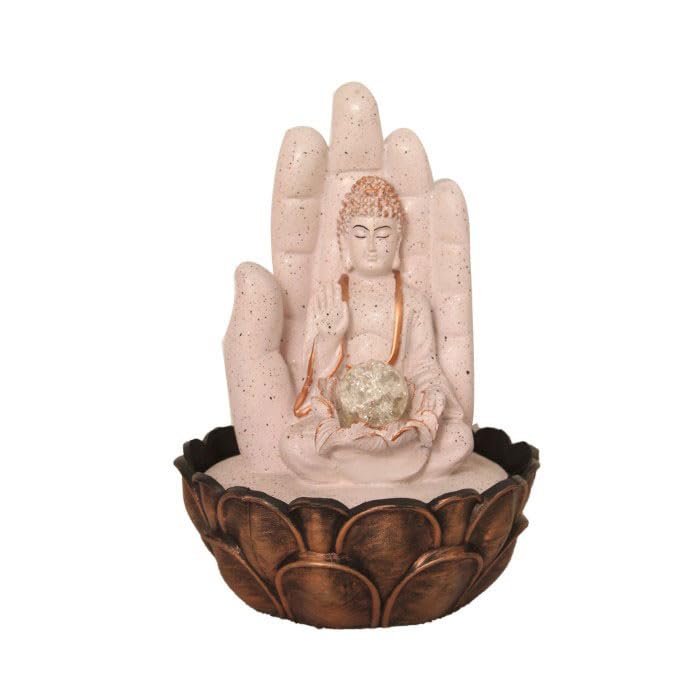 Art N Hub Hand Buddha Tabletop Waterfall Fountain Decorative Gift Items for Home and Office with Crystall Ball LED Light | Home Inauguration Gift Items (27 x 27 x 38 CM | Dotted Pink Copper)