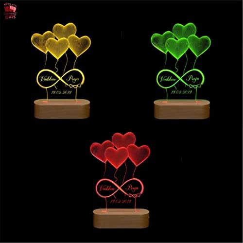 Artistic Gifts Personalized 3D Illusion LED Table Lamp | Heart Shape Customized Name Lamp for Couple Gift Anniversary, Wedding, Marriage, Valentine Day- Wooden Base, Multicolor Light. Design 5